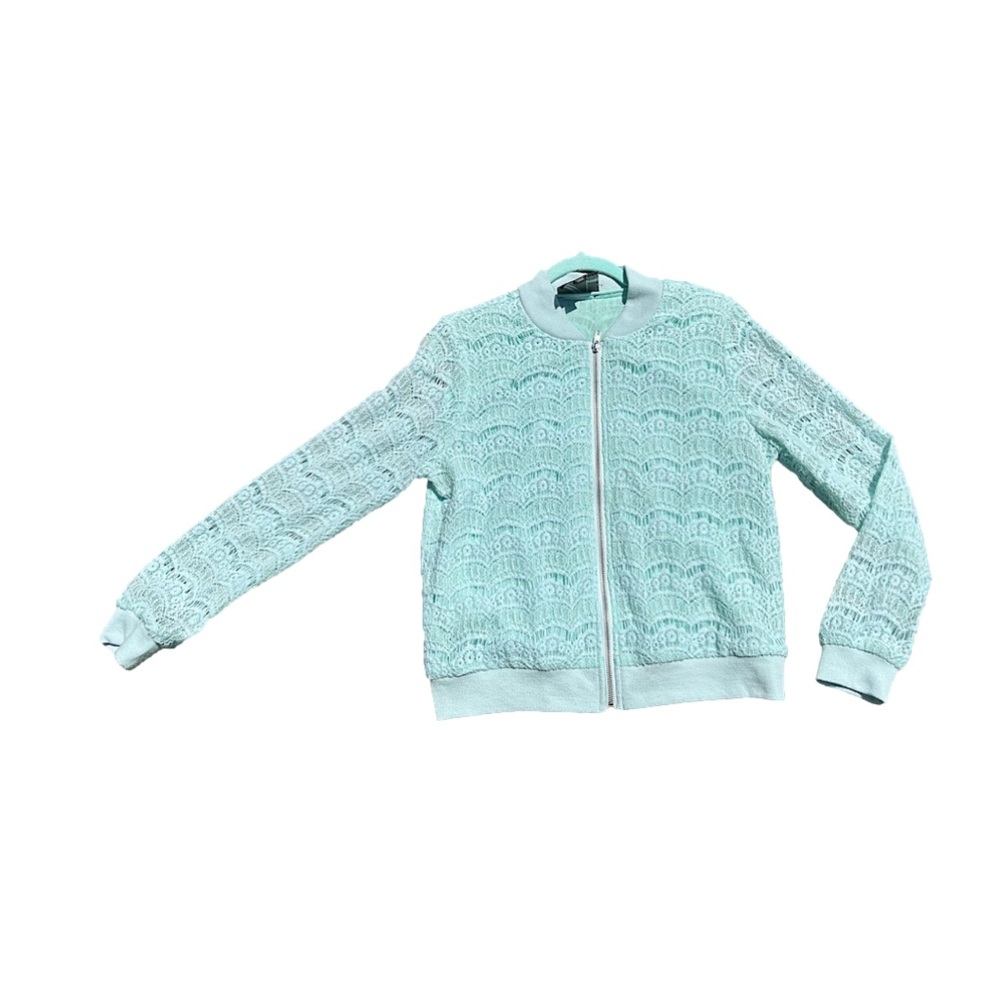 Sz-L-Harlow & Graham mint green zip up jacket with lace overlay